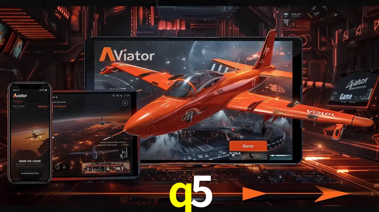 Apresentação tecnológica do jogo Aviator com um avião saindo da tela de um tablet, demonstrando a experiência imersiva em múltiplos dispositivos no q5.