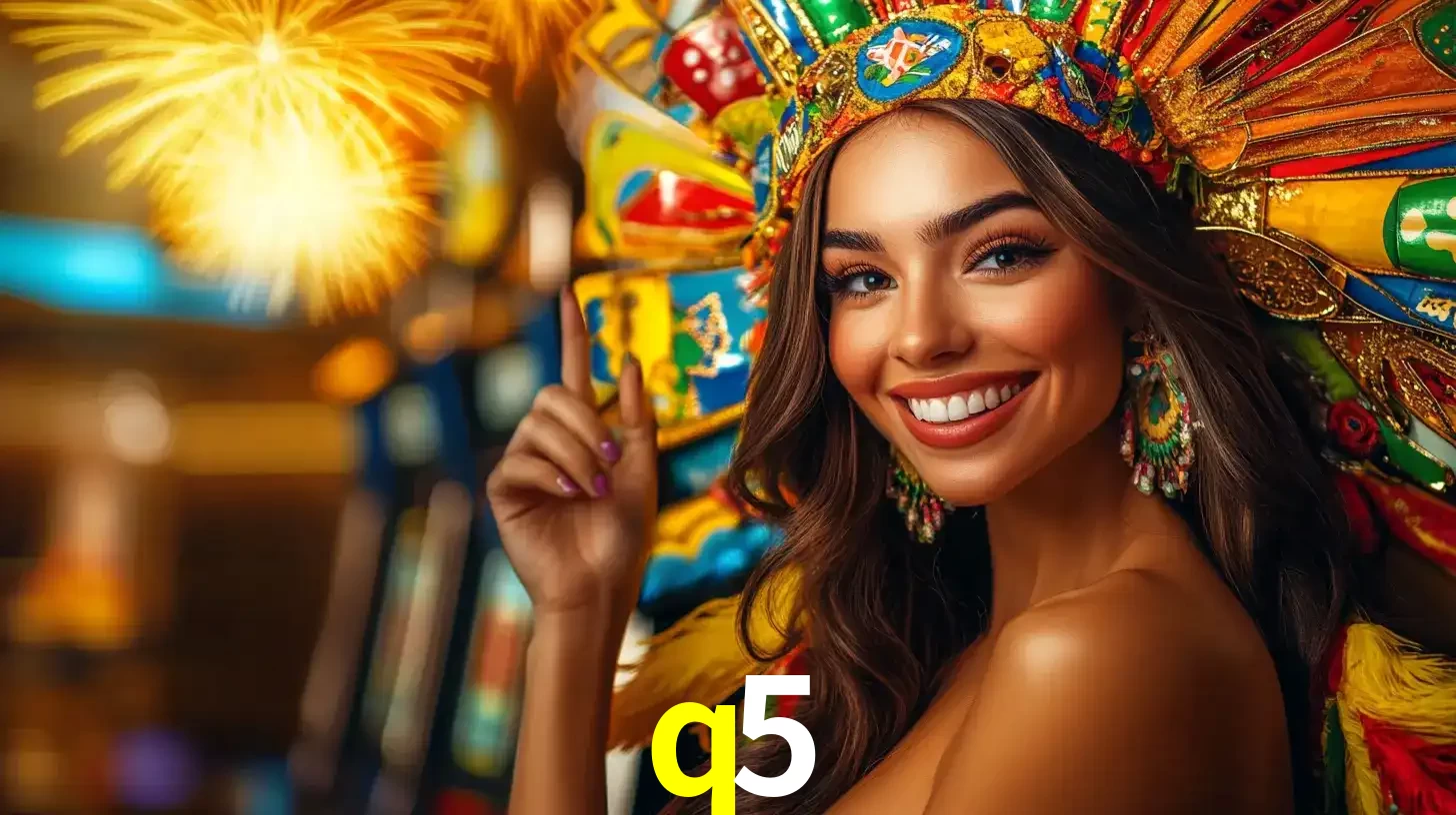 Mulher sorridente com um cocar de carnaval vibrante e colorido, celebrando uma grande vitória nos jogos do cassino q5 com fogos de artifício ao fundo.