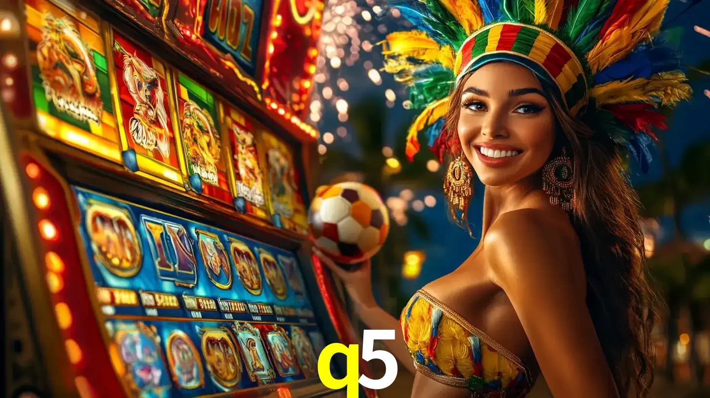 Mulher com um cocar de carnaval ao lado de uma máquina de caça-níqueis enquanto segura uma bola de futebol, mostrando a união da diversão de cassino e esportes no q5.