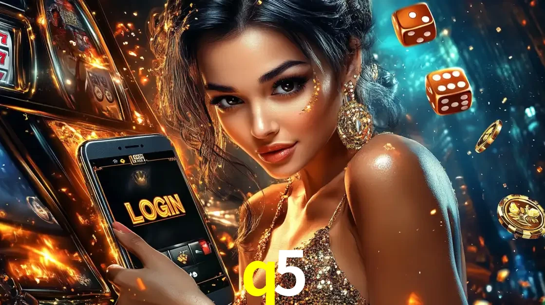 Mulher glamourosa segurando um celular com a tela de login do cassino q5, rodeada por dados e moedas douradas, pronta para começar a diversão.