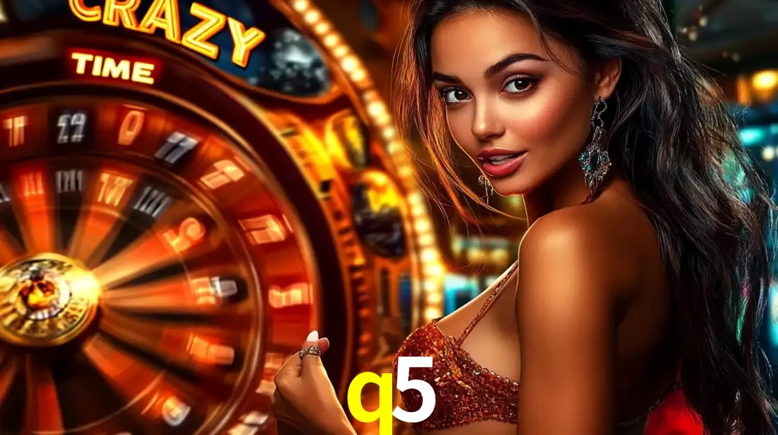 Mulher ao lado da roda de prêmios do jogo de cassino ao vivo Crazy Time, um dos shows de jogos mais emocionantes oferecidos pela plataforma de apostas q5.