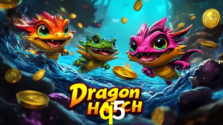 Arte promocional do jogo Dragon Hatch com três adoráveis dragões bebês nadando entre moedas de ouro, um dos slots mais divertidos para jogar no cassino q5.
