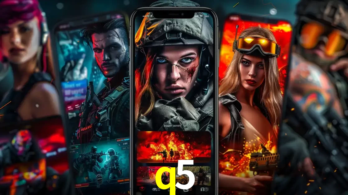 Montagem de telas de celular mostrando diversos personagens, masculinos e femininos, de um jogo de tiro, ilustrando a diversidade de equipes de e-sports para apostar no q5.