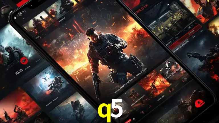 Tela de um celular exibindo uma galeria de jogos de tiro com temática militar, mostrando a variedade de e-sports disponíveis para apostas na plataforma de entretenimento q5.