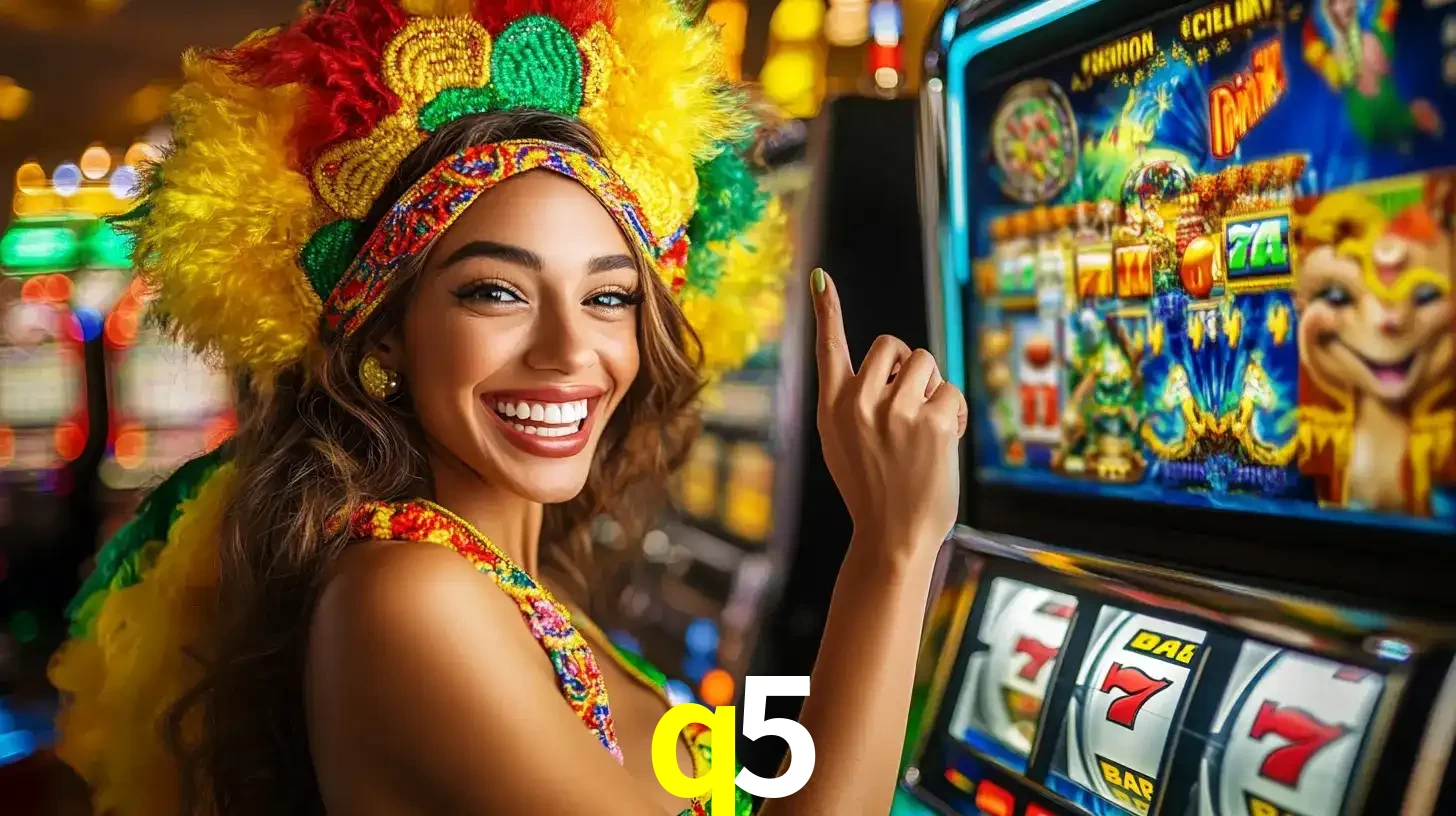 Mulher animada com um cocar de carnaval apontando para uma máquina de caça-níqueis, mostrando a emoção de ganhar um grande prêmio nos jogos do q5.