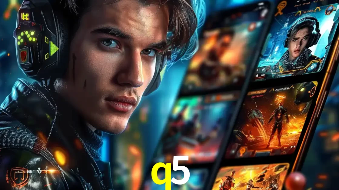 Jovem jogador com fones de ouvido olhando para a câmera, com um aplicativo de jogos e e-sports para celular ao fundo, pronto para a competição e apostas no q5.
