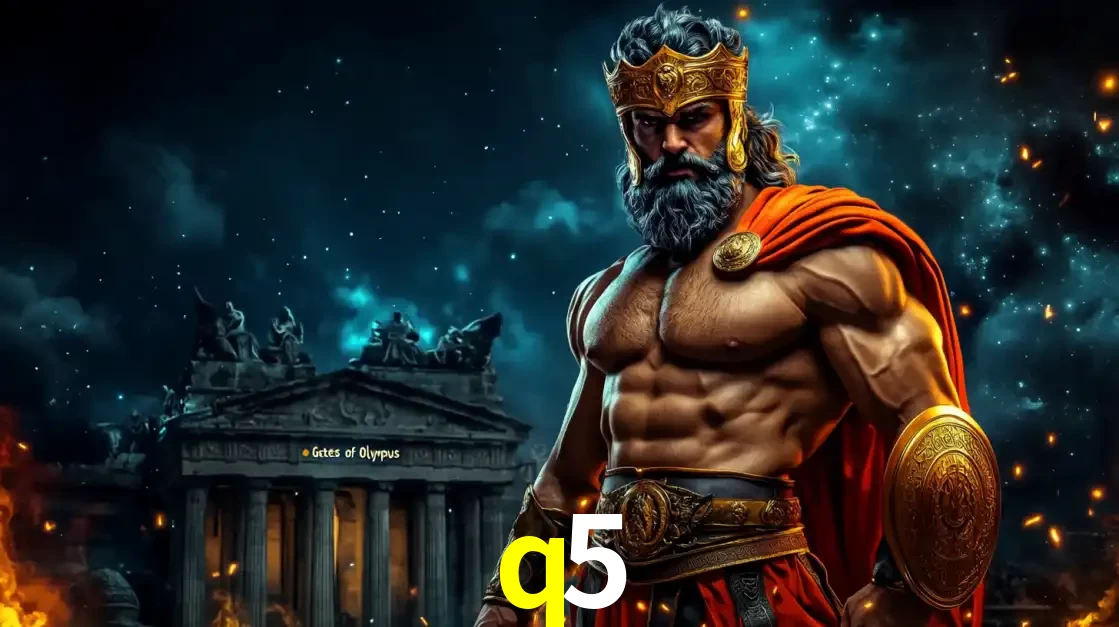 O poderoso Zeus do jogo de slot Gates of Olympus em frente ao seu templo, pronto para lançar multiplicadores divinos e prêmios épicos no cassino online q5.
