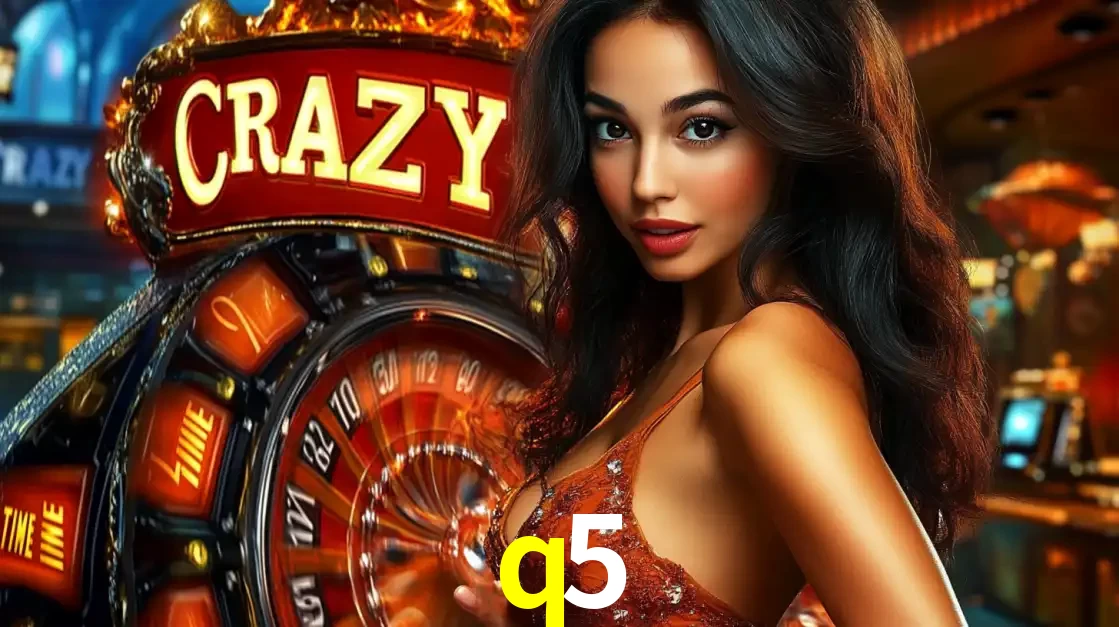 Mulher glamourosa olhando para a câmera com a roda vermelha do Crazy Time ao fundo em um ambiente de cassino, destacando a emoção dos jogos ao vivo no q5.