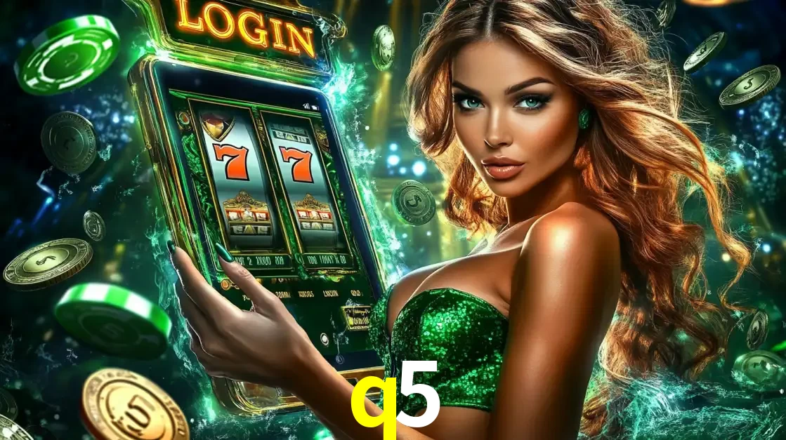 Mulher com tema verde apresentando o aplicativo do cassino q5 com um jogo de slot de 777, cercada por fichas de cassino e uma aura de sorte.