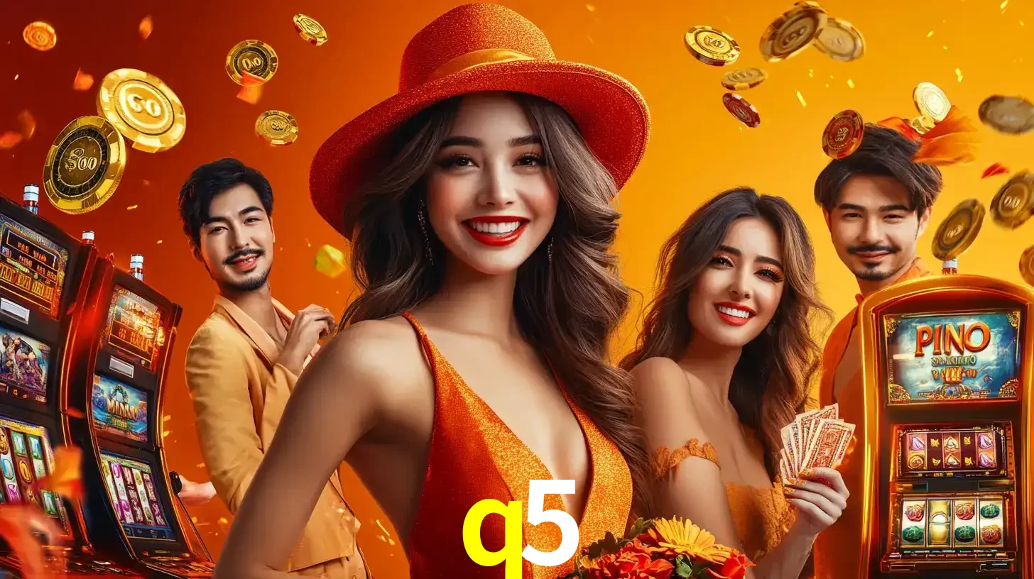 Grupo de amigos asiáticos sorrindo e se divertindo com máquinas de caça-níqueis em um ambiente festivo, celebrando suas vitórias nos jogos de cassino do q5.
