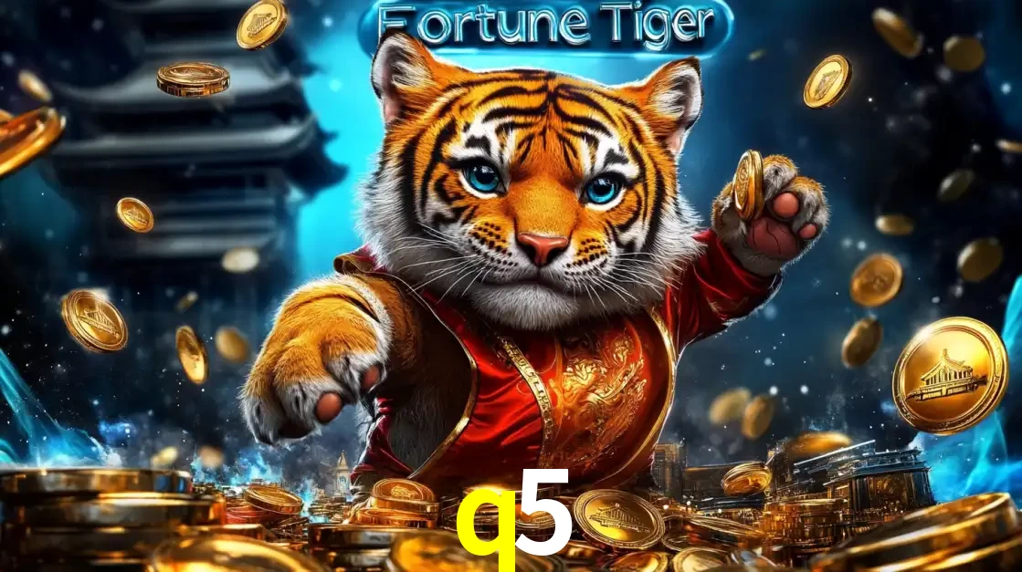 Imagem promocional do jogo de slot Fortune Tiger, com um tigre majestoso em traje tradicional cercado por uma fortuna em moedas de ouro, disponível agora no cassino q5.