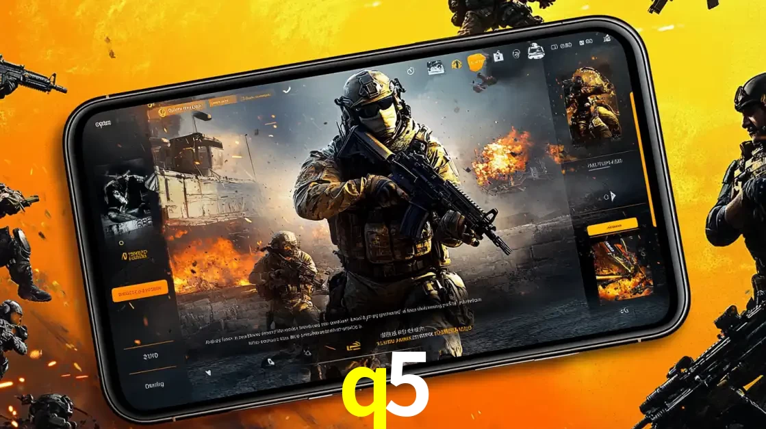 Um smartphone exibindo a interface de um jogo de tiro em primeira pessoa, com um soldado em um cenário de batalha, representando a ação dos e-sports para apostar no q5.