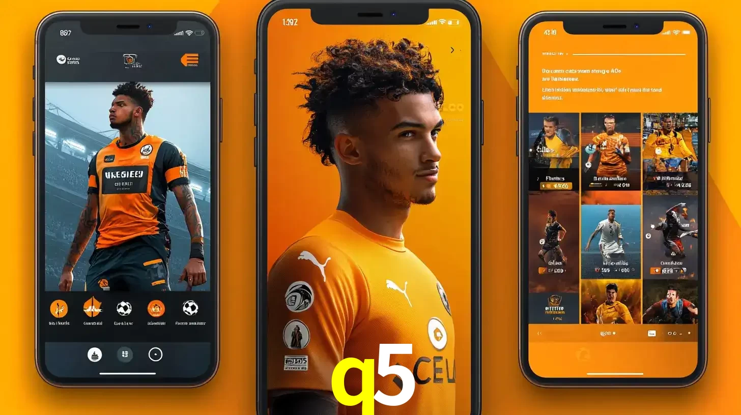 Interface do aplicativo de apostas esportivas q5 em três telas de celular, mostrando o perfil de um jogador de futebol e a lista de jogos disponíveis para apostar.