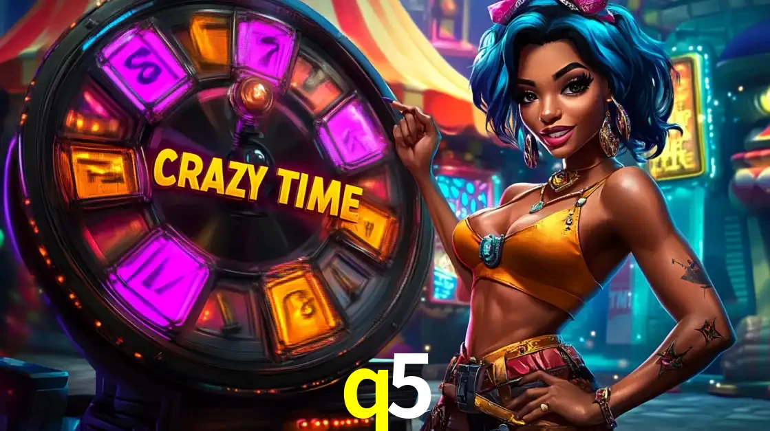 Mulher estilizada com cabelo azul e visual vibrante posando ao lado da roda de prêmios do game show Crazy Time, convidando para a diversão e os bônus do cassino q5.