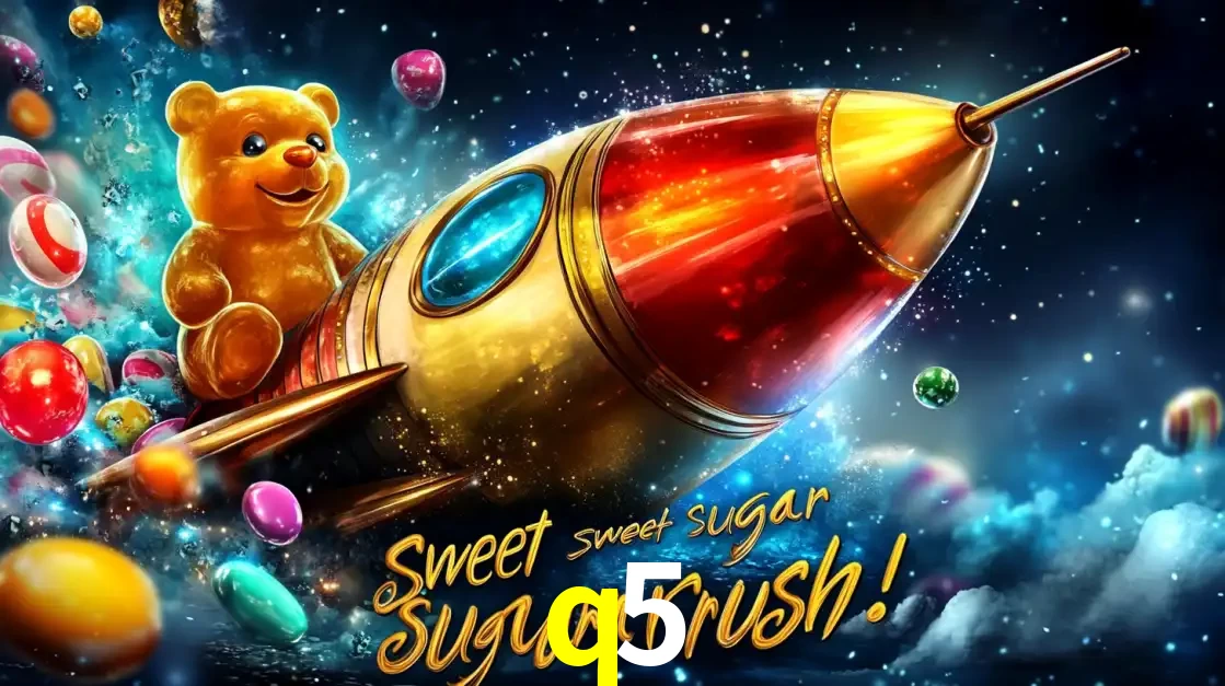 Arte promocional do jogo de slot Sugar Rush, com um urso de pelúcia em um foguete viajando pelo espaço de doces, um dos jogos divertidos disponíveis no cassino q5.