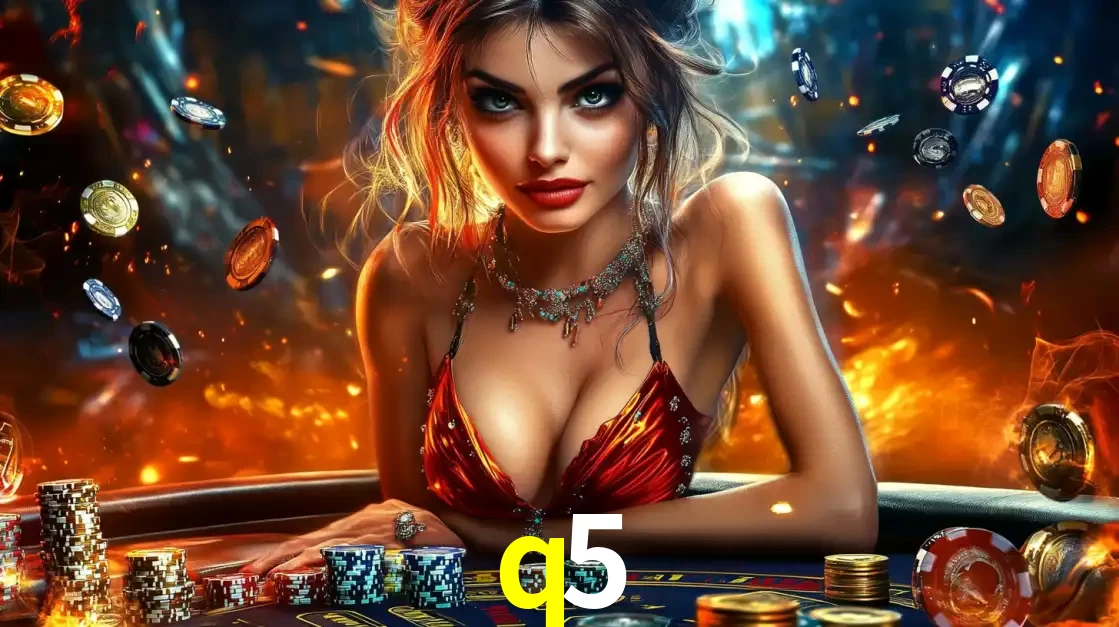 Mulher em uma mesa de cassino com pilhas de fichas e um fundo de fogo, pronta para uma rodada de altas apostas nos jogos de mesa emocionantes do cassino q5.
