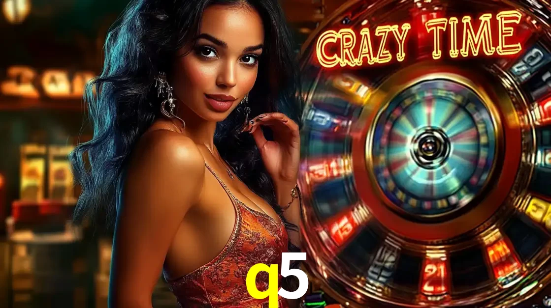 Mulher elegante ao lado da vibrante roda da fortuna do jogo de cassino ao vivo Crazy Time, um dos game shows mais populares e cheios de prêmios do q5.