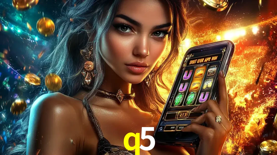 Mulher elegante mostrando um jogo de caça-níqueis em seu smartphone, destacando a experiência de cassino móvel oferecida pelo aplicativo q5.