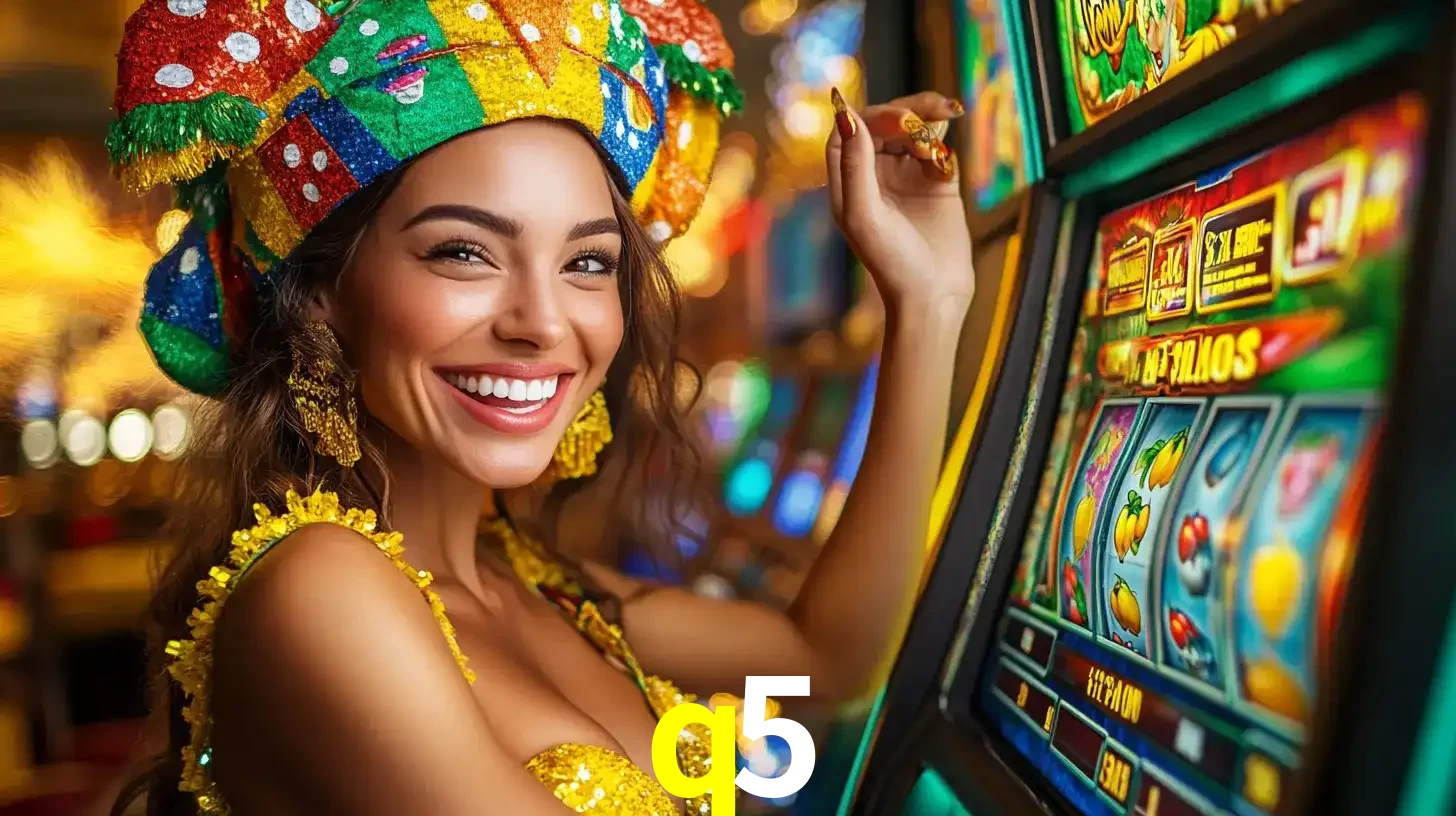 Mulher feliz com traje de carnaval amarelo e colorido ao lado de uma máquina de caça-níqueis, aproveitando a diversão e os jogos temáticos do cassino q5.