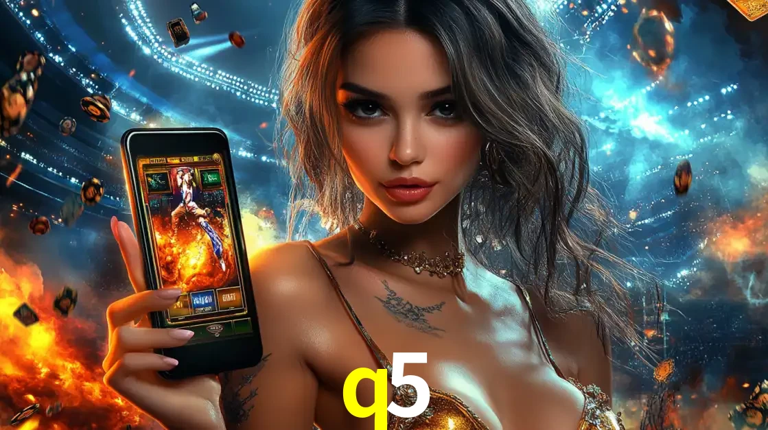 Mulher segurando um celular com um jogo de slot em destaque, tendo como fundo um estádio vibrante, simbolizando a emoção de jogar no cassino móvel q5.