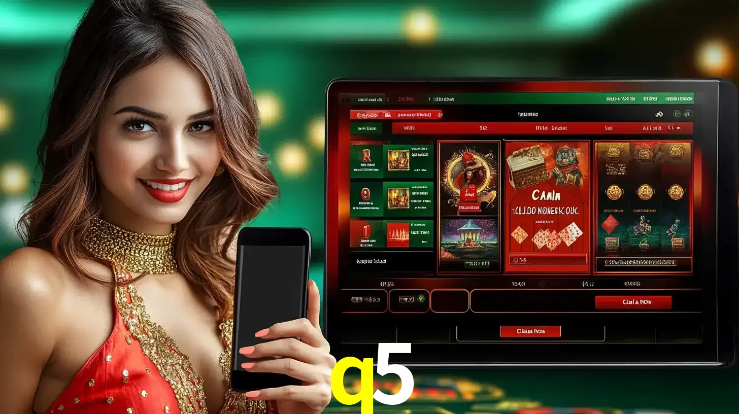 Mulher sorridente segurando um smartphone, ao lado de uma tela exibindo o lobby de jogos do cassino online q5, com várias opções de jogos de cartas e slots.
